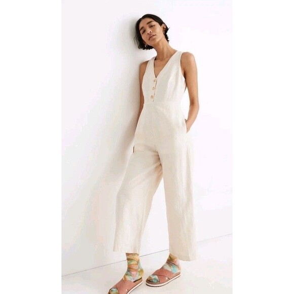 Madewell Linen Blend Jumpsuit Romper Button Front Ivory Boho Womens Size 0 - Picture 1 of 13
